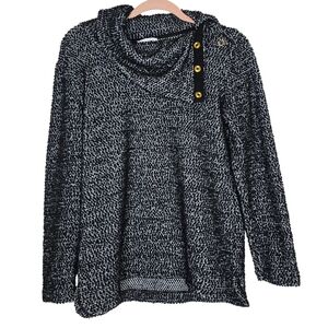 Calvin Klein Boucle Knit Textured Cowl Neck Sweater in a black and white